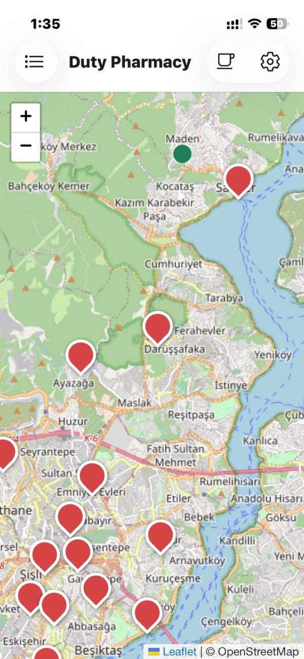 Map of on-duty pharmacies around the user's location